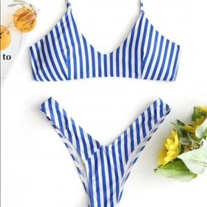 High Cut Cami Striped Bikini Set - Blue and White
